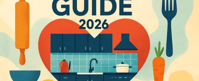 Küchenstudio Illustration einer Kücheneinrichtung im Inneren eines Herzens mit Utensilien, Gemüse und dem deutschen Text "Küchenanbieter GUIDE 2026" darüber.