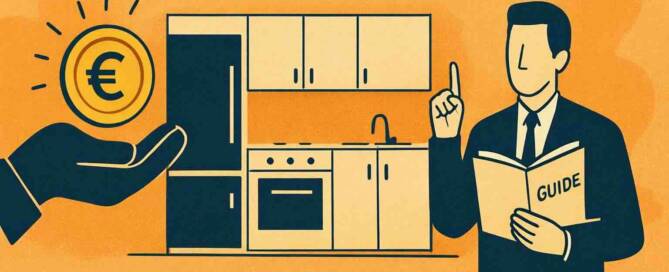 Küchenstudio Illustration mit dem Wort "Küchenverkauf", einer Kücheneinrichtung, einer Hand, die eine Euro-Münze hält, und einer Person, die einen Reiseführer hält und einen Finger hebt.