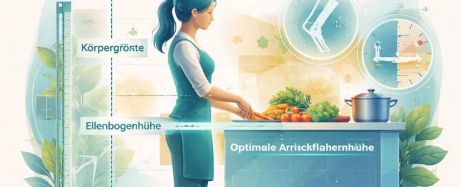 Küchenstudio Eine Frau bereitet in einer Küche mit beschrifteten Diagrammen, die die ergonomische Planung, einschließlich der Körperhöhe, der Ellbogenhöhe und der optimalen Höhe der Arbeitsplatte zeigen, das Essen zu.