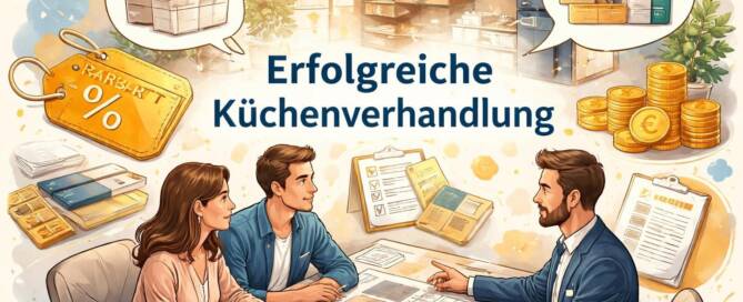 Küchenstudio Drei Personen besprechen Küchenpläne an einem Tisch, umgeben von Symbolen für Rabatte, Dokumente, Zahlungskarten und Münzen, darüber der deutsche Text "Erfolgreiche Küchenverhandlung".