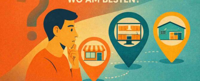 Küchenstudio Illustration eines denkenden Mannes mit Standortmarkierungen, die eine Küche, ein Geschäft und ein Haus zeigen; der deutsche Text lautet "Küche kaufen - wo am besten?.