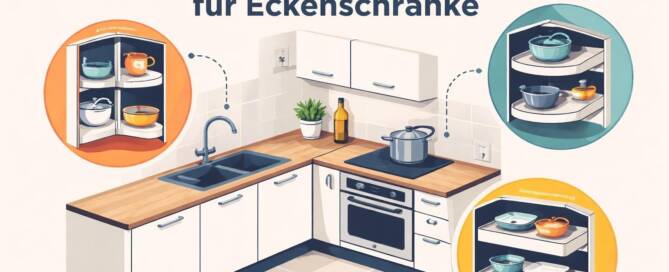 Küchenstudio Ein illustrierter Küchenplan mit Eckschränken, der geordnete Regale mit Kochgeschirr und Geschirr zeigt, beschriftet mit "Küchenplanung für Eckenschränke".