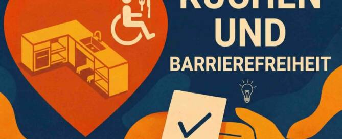 Küchenstudio Illustration einer barrierefreien Küche mit einem Rollstuhlsymbol, einer Herzform und dem deutschen Text "Küchen und Barrierefreiheit".