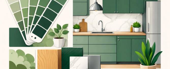 Küchenstudio Eine moderne Küche mit grünen Schränken, Geräten aus rostfreiem Stahl, Aufkantungen aus Marmor, Zimmerpflanzen und grünen Farbmustern, die neben Materialproben ausgestellt sind.