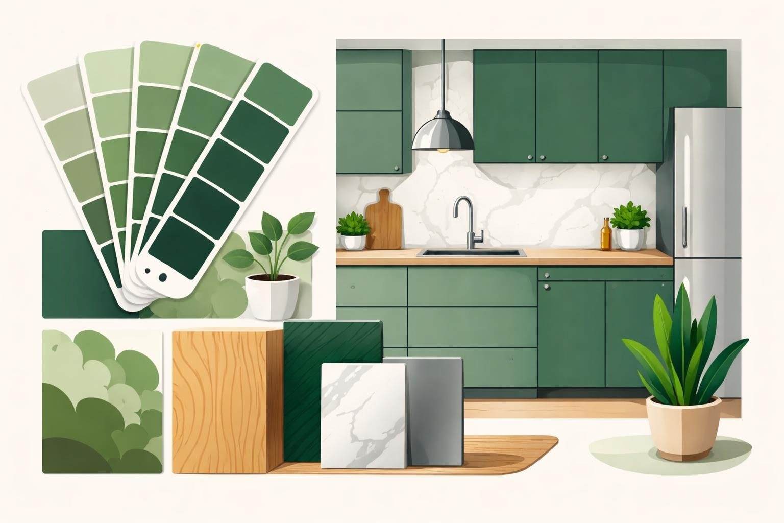 Küchenstudio Eine moderne Küche mit grünen Schränken, Geräten aus rostfreiem Stahl, Aufkantungen aus Marmor, Zimmerpflanzen und grünen Farbmustern, die neben Materialproben ausgestellt sind. Küchenstudio Eine moderne Küche mit grünen Schränken, Geräten aus rostfreiem Stahl, Aufkantungen aus Marmor, Zimmerpflanzen und grünen Farbmustern, die neben Materialproben ausgestellt sind.