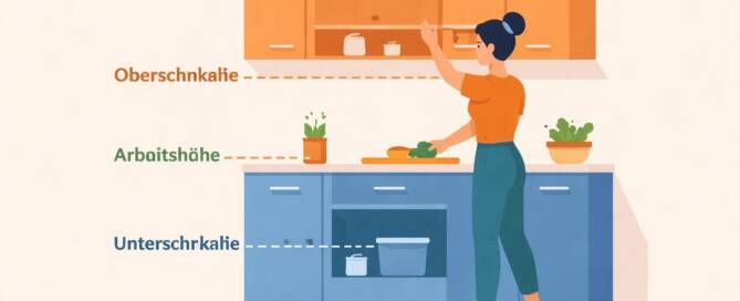 Küchenstudio Illustration einer Frau in einer Küche, die nach einem Schrank greift, mit beschrifteten Linien, die die Höhe des oberen Schranks, der Arbeitsplatte und des unteren Schranks in deutscher Sprache angeben.