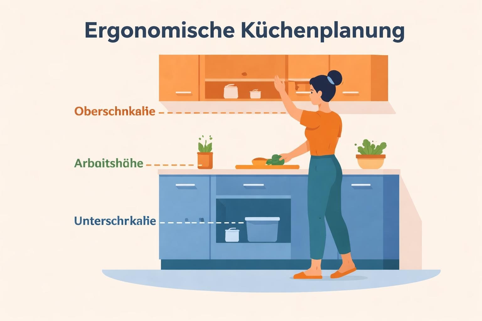 Küchenstudio Illustration einer Frau in einer Küche, die nach einem Schrank greift, mit beschrifteten Linien, die die Höhe des oberen Schranks, der Arbeitsplatte und des unteren Schranks in deutscher Sprache angeben. Küchenstudio Illustration einer Frau in einer Küche, die nach einem Schrank greift, mit beschrifteten Linien, die die Höhe des oberen Schranks, der Arbeitsplatte und des unteren Schranks in deutscher Sprache angeben.