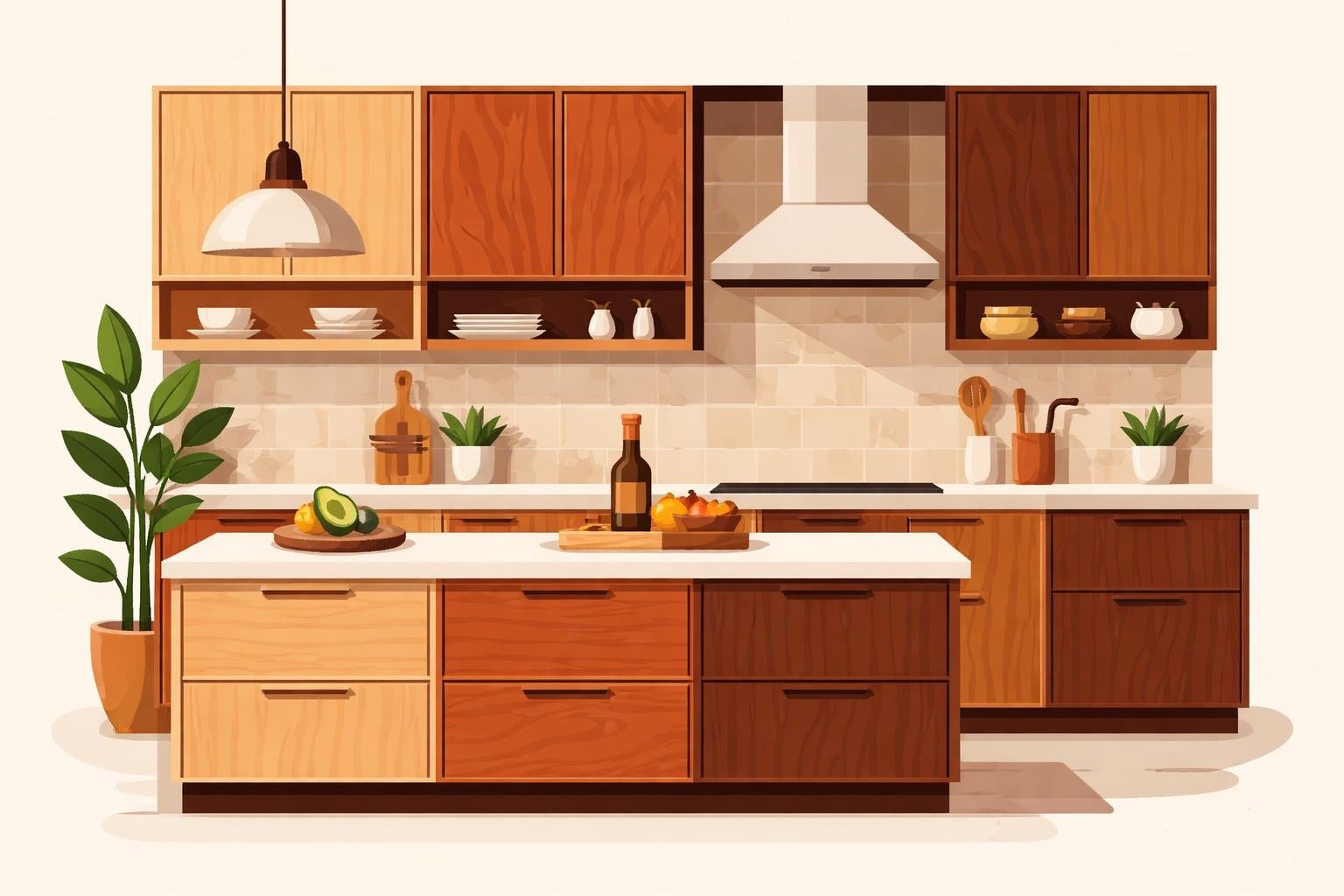 Küchenstudio Moderne Küche mit Holzschränken, einer zentralen Insel mit einem Schneidebrett mit Avocado, einer Weinflasche, einer Obstschale, Topfpflanzen und einer Dunstabzugshaube über dem Herd. Küchenstudio Moderne Küche mit Holzschränken, einer zentralen Insel mit einem Schneidebrett mit Avocado, einer Weinflasche, einer Obstschale, Topfpflanzen und einer Dunstabzugshaube über dem Herd.