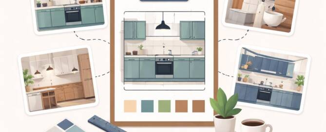 Küchenstudio Ein Klemmbrett mit einem Küchenplan, Farbmustern, einem Lineal, einem Bleistift, Pflanzen, einer Kaffeetasse und vier Küchenfotos mit verschiedenen Schrankfarben und -stilen.