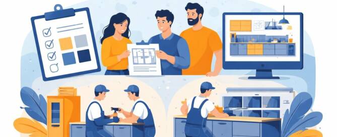 Küchenstudio Illustration, die Personen bei der Planung und Montage einer Küche zeigt, mit einer Checkliste, digitalem Entwurf und Arbeitern, die Schränke montieren, unter dem Titel "Individuelle Küchenplanung".