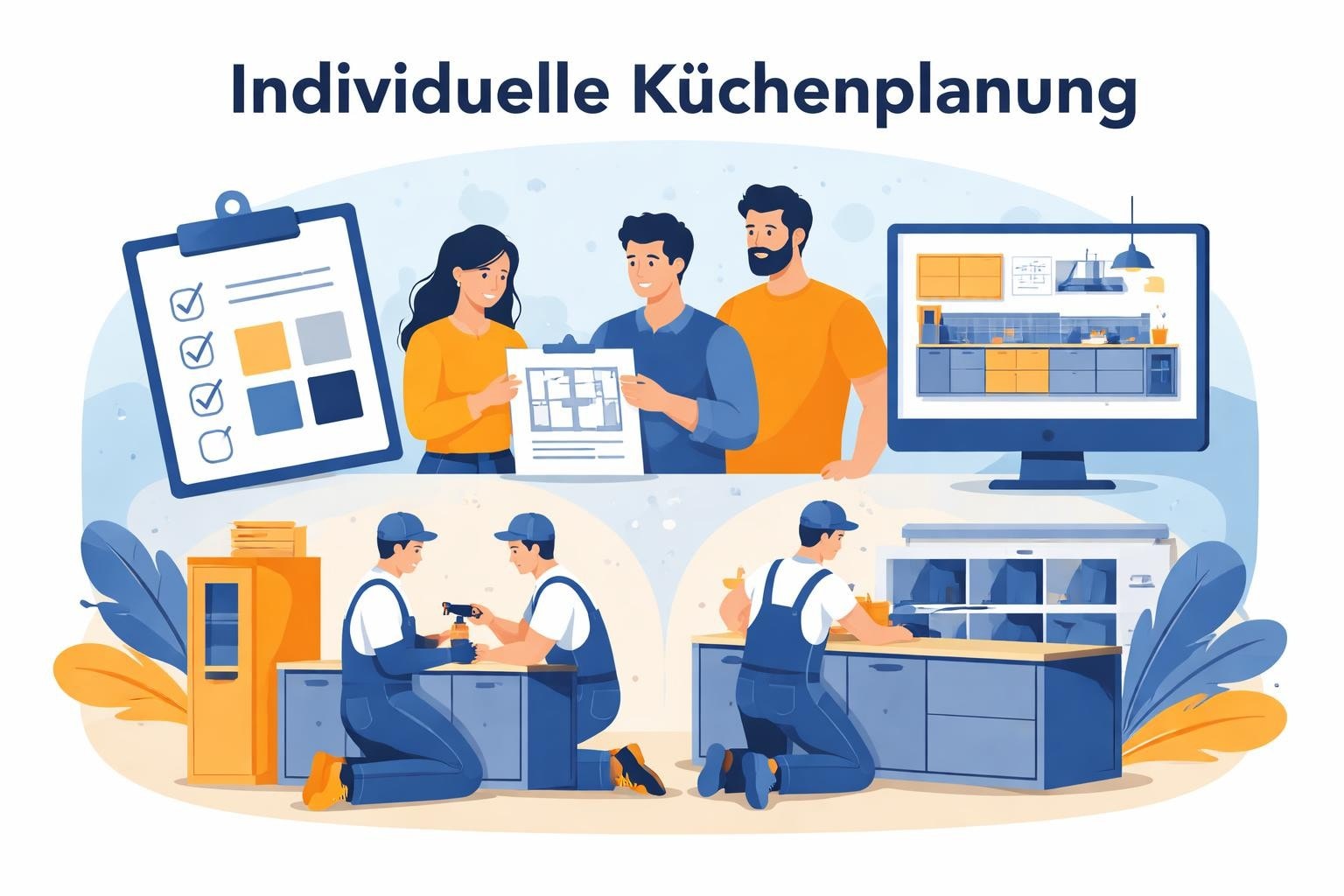 Küchenstudio Illustration, die Personen bei der Planung und Montage einer Küche zeigt, mit einer Checkliste, digitalem Entwurf und Arbeitern, die Schränke montieren, unter dem Titel „Individuelle Küchenplanung“. Küchenstudio Illustration, die Personen bei der Planung und Montage einer Küche zeigt, mit einer Checkliste, digitalem Entwurf und Arbeitern, die Schränke montieren, unter dem Titel "Individuelle Küchenplanung".