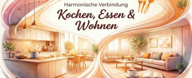 Küchenstudio Eine moderne Küche und ein Wohnzimmer sind nebeneinander abgebildet, mit einem Text in deutscher Sprache, der für Harmonie beim Kochen, Essen und Leben wirbt. Illustrationen von Utensilien, Blättern und warmen Farben umgeben die Szene.
