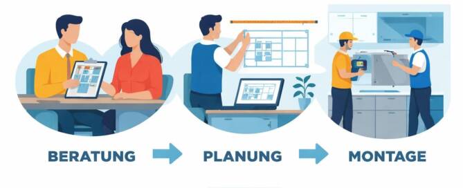 Küchenstudio Die Illustration zeigt die drei Phasen der Küchenplanung: Beratung, Planung und Montage, wobei die Personen in jeder Phase interagieren.
