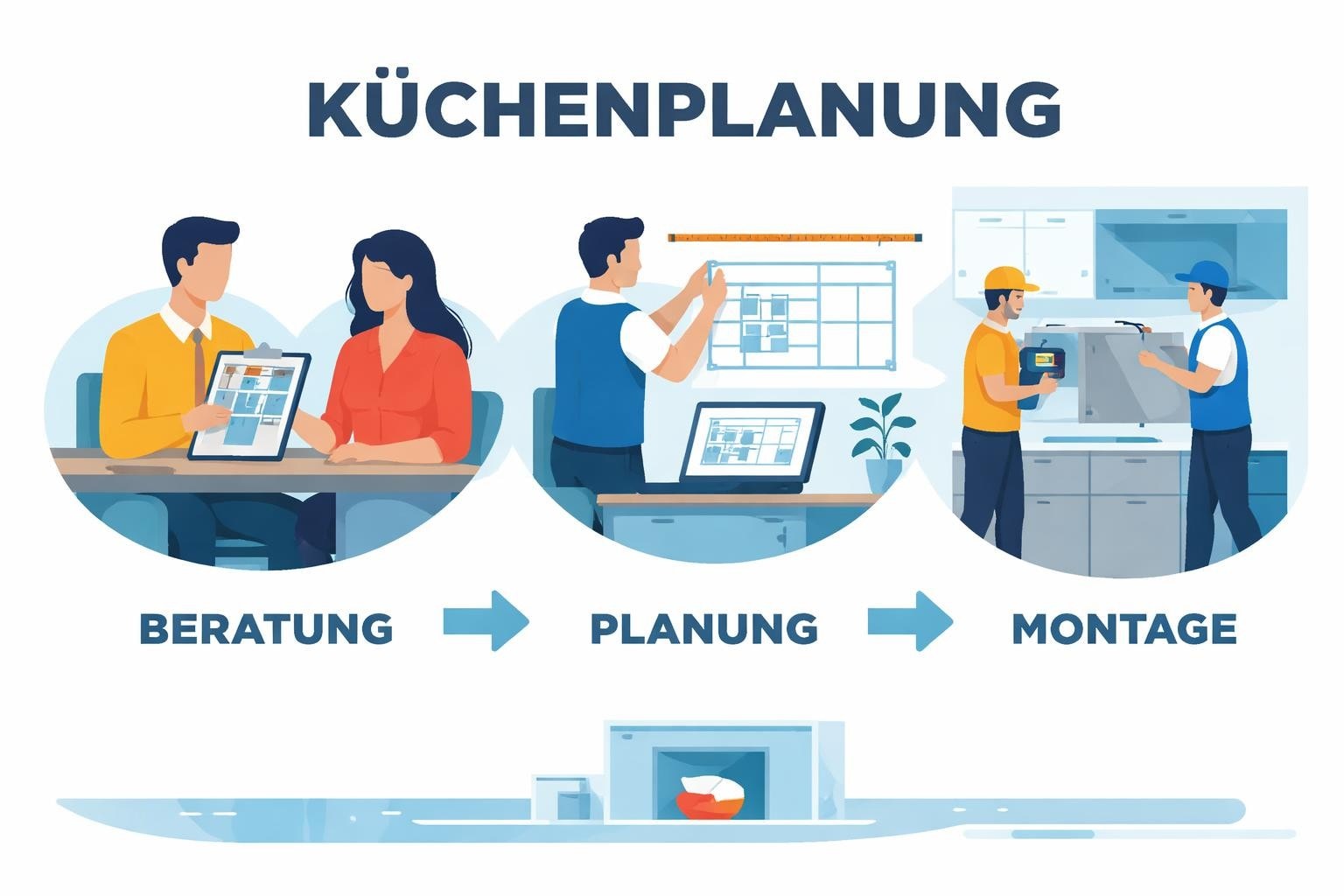 Küchenstudio Die Illustration zeigt die drei Phasen der Küchenplanung: Beratung, Planung und Montage, wobei die Personen in jeder Phase interagieren.