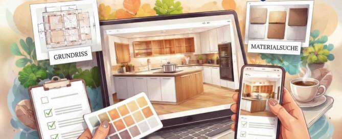 Küchenstudio Ein Laptop zeigt einen 3D-Küchenentwurf. Um ihn herum befinden sich ein Grundriss, Materialmuster, Checklisten, eine Farbpalette, ein Smartphone und eine Kaffeetasse. Der Text lautet "Online-Küchenplanung.