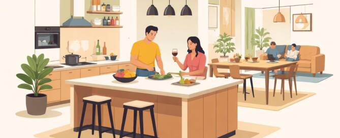 Küchenstudio Ein Mann und eine Frau bereiten in einer modernen Küche Essen zu und trinken Wein, während im Hintergrund zwei Personen auf einem Sofa im Wohnzimmer sitzen.