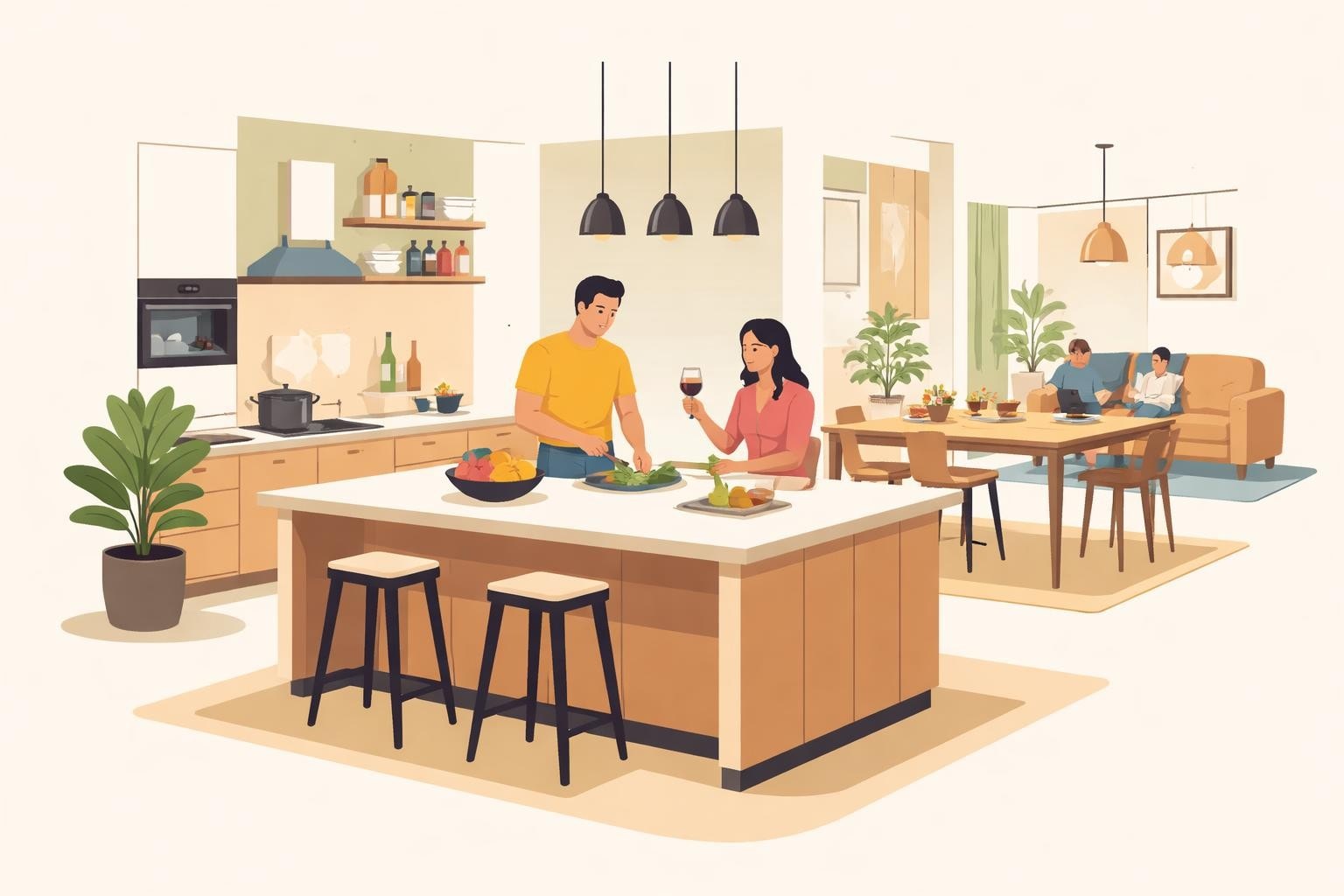 Küchenstudio Ein Mann und eine Frau bereiten in einer modernen Küche Essen zu und trinken Wein, während im Hintergrund zwei Personen auf einem Sofa im Wohnzimmer sitzen. Küchenstudio Ein Mann und eine Frau bereiten in einer modernen Küche Essen zu und trinken Wein, während im Hintergrund zwei Personen auf einem Sofa im Wohnzimmer sitzen.