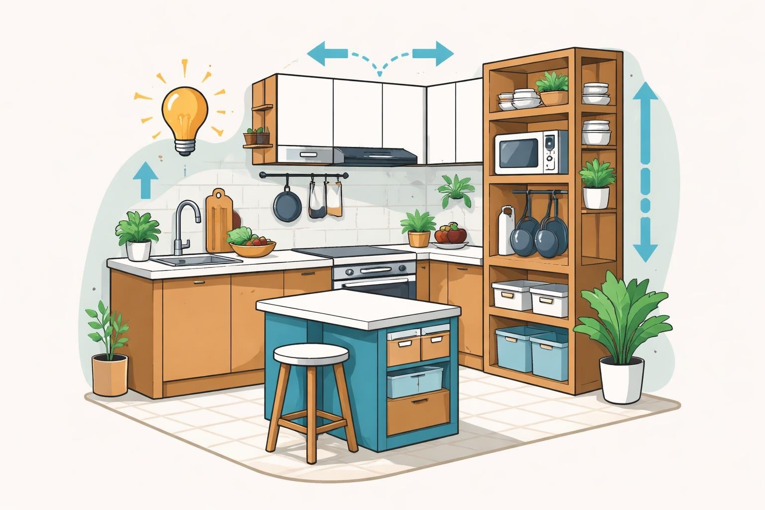 Küchenstudio Illustration einer modernen Küche mit organisierter Aufbewahrung, Pflanzen und Kochutensilien, die eine effiziente Nutzung des vertikalen und horizontalen Raums mit Pfeilen und einem Glühbirnensymbol hervorhebt. Küchenstudio Illustration einer modernen Küche mit organisierter Aufbewahrung, Pflanzen und Kochutensilien, die eine effiziente Nutzung des vertikalen und horizontalen Raums mit Pfeilen und einem Glühbirnensymbol hervorhebt.