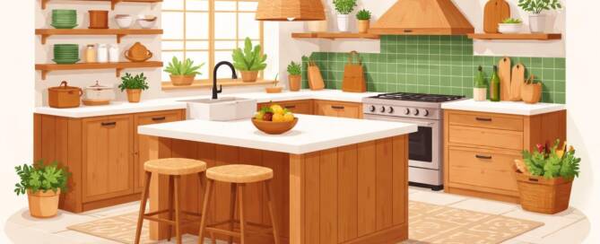 Küchenstudio Helle Küche mit Holzschränken und Insel, grünem Fliesenspiegel, offenen Regalen, Topfpflanzen und natürlichem Licht durch ein großes Fenster.