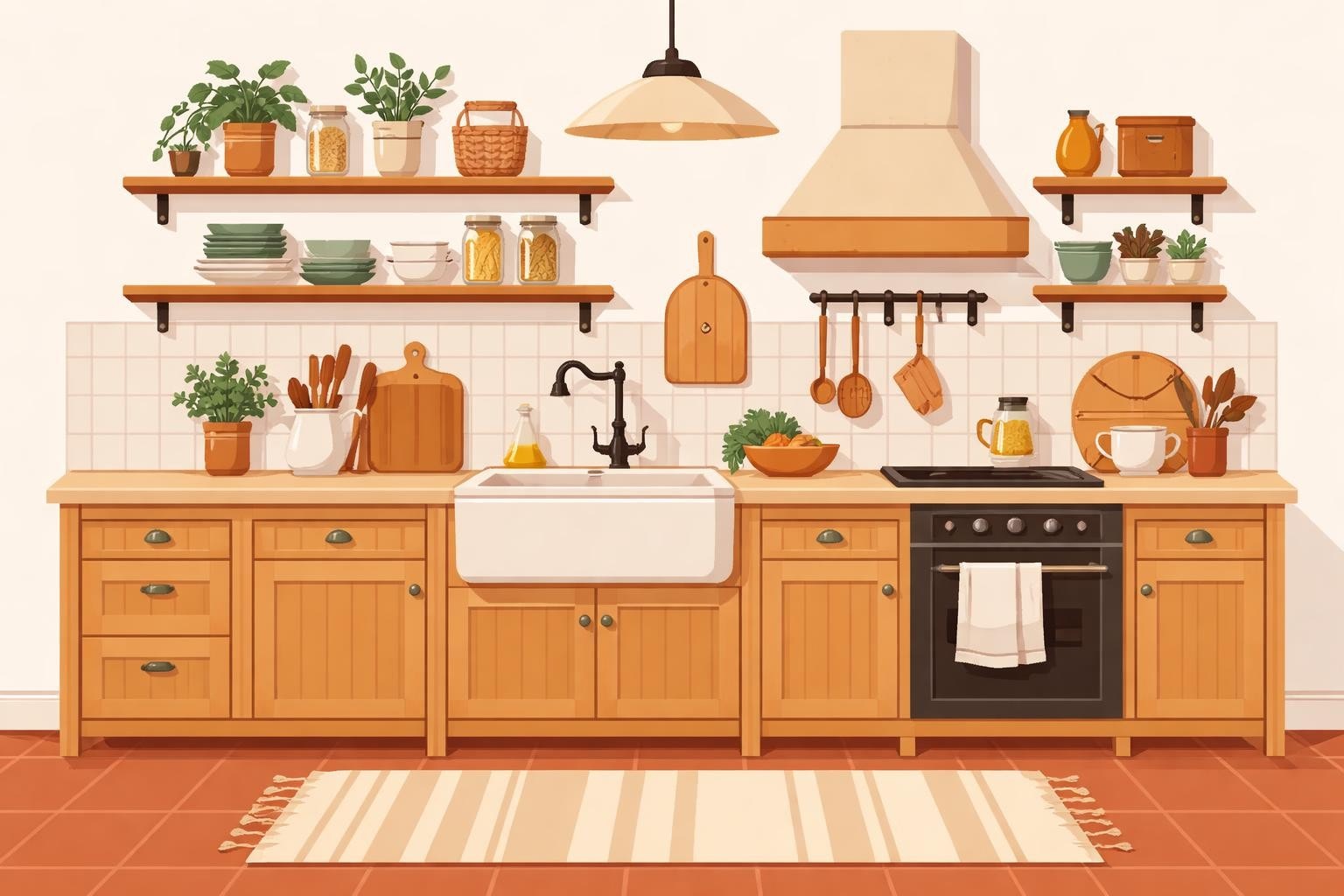 Küchenstudio Eine gemütliche Küche mit Holzschränken, einem Spülbecken, offenen Regalen mit Geschirr und Pflanzen, einem Herd, an Haken hängenden Utensilien und einem gestreiften Teppich auf einem Fliesenboden. Küchenstudio Eine gemütliche Küche mit Holzschränken, einem Spülbecken, offenen Regalen mit Geschirr und Pflanzen, einem Herd, an Haken hängenden Utensilien und einem gestreiften Teppich auf einem Fliesenboden.