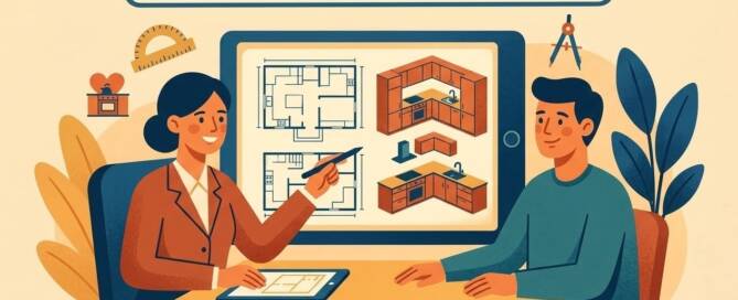 Küchenstudio Zwei Personen diskutieren über Küchenentwürfe, die auf einem großen Bildschirm gezeigt werden. Der Text lautet "Professionelle Beratung bei Lieblingsküchen", was auf eine professionelle Küchenberatung hindeutet.