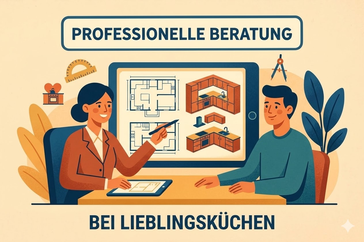 Küchenstudio Ein Berater zeigt einem Kunden auf einem Tablet einen Küchenplan; der deutsche Text lautet „Professionelle Beratung bei Lieblingsküchen“. Küchenstudio Ein Berater zeigt einem Kunden auf einem Tablet einen Küchenplan; der deutsche Text lautet "Professionelle Beratung bei Lieblingsküchen".
