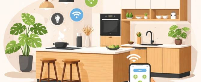 Küchenstudio Eine Hand hält ein Smartphone, mit dem Smart-Home-Geräte in einer modernen Küche mit Holzschränken, Pflanzen und Symbolen für die drahtlose Verbindung von Licht und Geräten gesteuert werden.