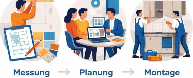 Küchenstudio Drei illustrierte Szenen zeigen: Messung, Planung mit einem Paar an einem Tisch und zwei Arbeiter, die Küchenschränke montieren. Der Text darunter lautet "Messung", "Planung" und "Montage".