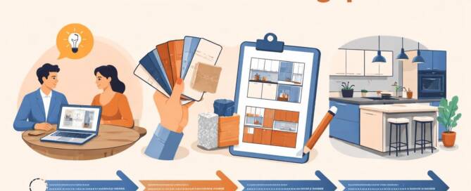 Küchenstudio Infografik zum Nobilia-Küchenplanungsprozess mit vier illustrierten Schritten: Beratung, Materialauswahl, Designplanung und fertige Kücheninstallation.