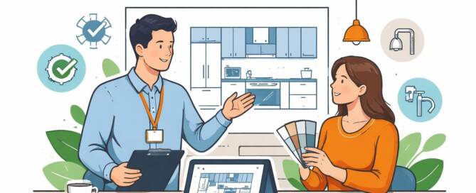 Küchenstudio Ein Mann und eine Frau besprechen Küchenpläne an einem Tisch mit Mustern, einem Tablet und einem Küchenplan im Hintergrund. Über ihnen erscheint das Wort "KÜCHENPLANUNG".