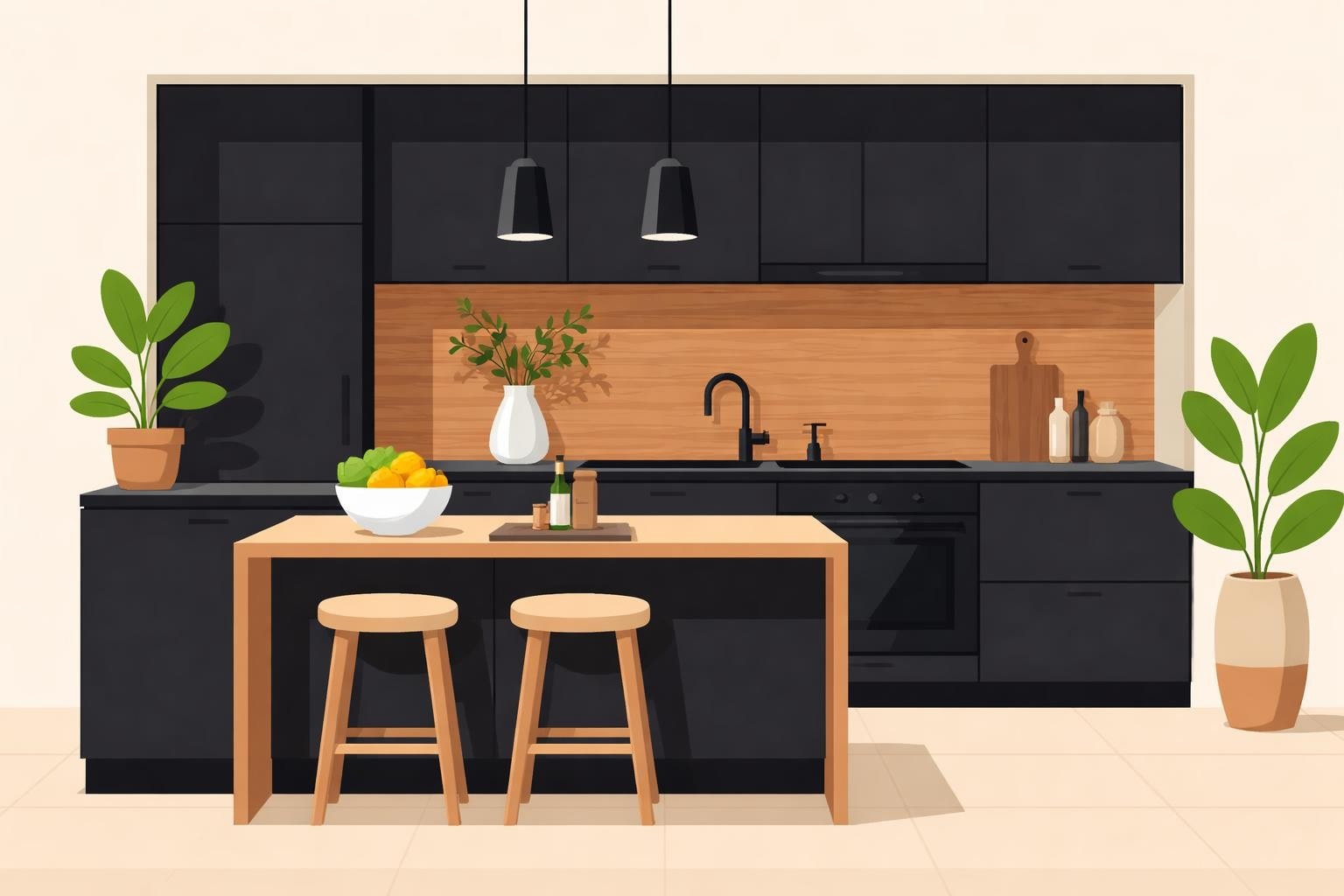 Küchenstudio Moderne Küche mit schwarzen Schränken, Holzakzenten, einer kleinen Insel mit zwei Hockern, Pendelleuchten, Topfpflanzen und einer Schale mit Obst auf dem Tresen.