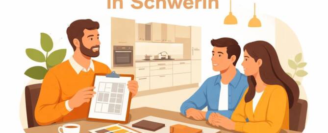 Küchenstudio Ein Berater zeigt einem Paar an einem Tisch mit Farbmustern Küchenpläne, darüber der Schriftzug "Küchenberatung in Schwerin" und im Hintergrund eine Küche.