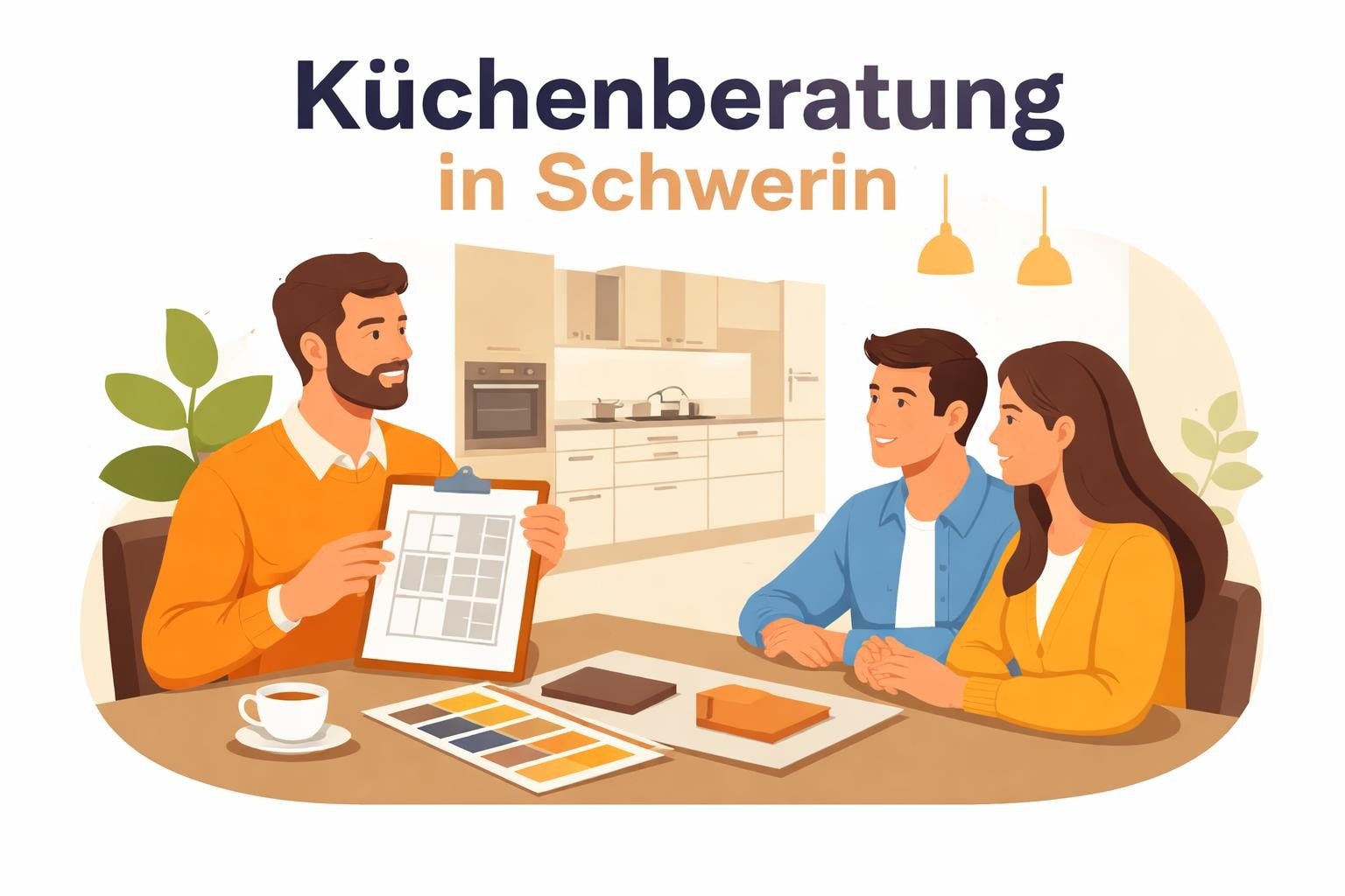Küchenstudio Ein Berater zeigt einem Paar an einem Tisch mit Farbmustern Küchenpläne, darüber der Schriftzug „Küchenberatung in Schwerin“ und im Hintergrund eine Küche. Küchenstudio Ein Berater zeigt einem Paar an einem Tisch mit Farbmustern Küchenpläne, darüber der Schriftzug "Küchenberatung in Schwerin" und im Hintergrund eine Küche.