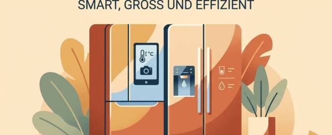 Küchenstudio Illustration eines modernen Side-by-Side-Kühlschranks mit der Aufschrift "2026" und intelligenten Funktionen, umgeben von abstrakten Pflanzen und mit deutschem Text über Effizienz und Größe.