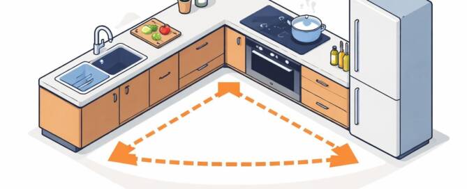 Küchenstudio Isometrische Illustration einer Küche mit Spüle, Herd und Kühlschrank in L-Form, verbunden durch orangefarbene Pfeile, die ein Dreieck bilden.