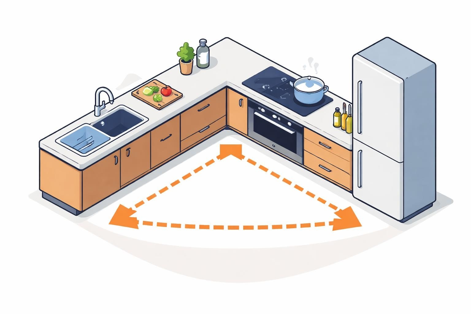 Küchenstudio Isometrische Illustration einer Küche mit Spüle, Herd und Kühlschrank in L-Form, verbunden durch orangefarbene Pfeile, die ein Dreieck bilden.