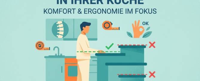 Küchenstudio Illustration einer Person in einer Küche, die die richtige ergonomische Höhe der Arbeitsplatte zeigt, mit Häkchen für die richtige Höhe und X-Markierungen für zu hohe oder zu niedrige Höhen.