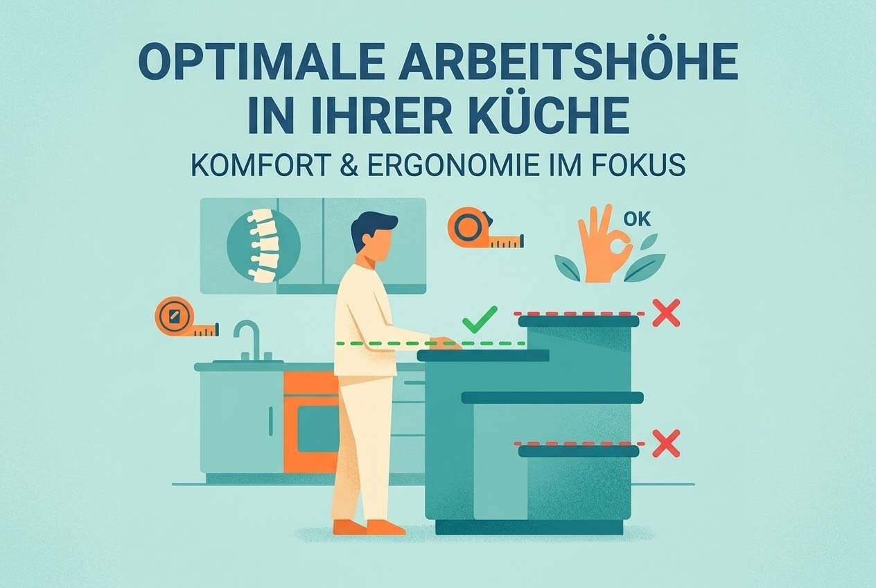 Küchenstudio Illustration einer Person in einer Küche, die die richtige ergonomische Höhe der Arbeitsplatte zeigt, mit Häkchen für die richtige Höhe und X-Markierungen für zu hohe oder zu niedrige Höhen. Küchenstudio Illustration einer Person in einer Küche, die die richtige ergonomische Höhe der Arbeitsplatte zeigt, mit Häkchen für die richtige Höhe und X-Markierungen für zu hohe oder zu niedrige Höhen.