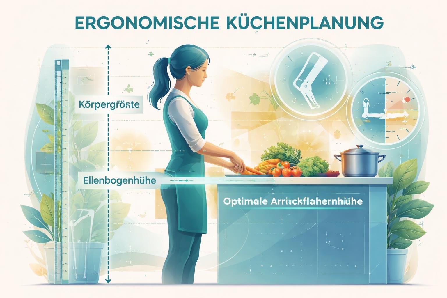 Küchenstudio Eine Frau schneidet Gemüse an einer Küchentheke, mit Diagrammen zur ergonomischen Küchenplanung, einschließlich der Körpergröße und der optimalen Höhe der Arbeitsfläche in deutschen Beschriftungen.