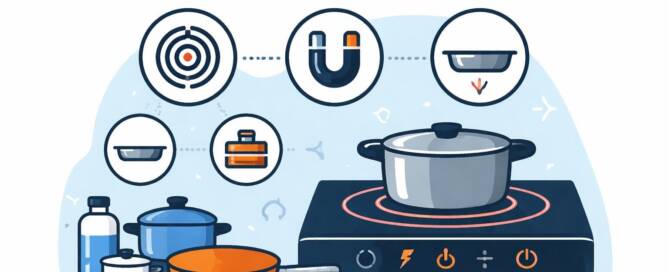 Küchenstudio Schema zur Erklärung des Induktionskochens mit Symbolen für Magnetismus, kompatibles Kochgeschirr und ein Induktionskochfeld mit Töpfen und Pfannen. Der Text oben lautet "Induktion verstehen".