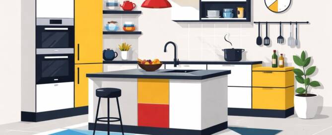 Küchenstudio Moderne Küche mit bunten Schränken, einer zentralen Insel mit einem Hocker, offenen Regalen, hängenden Utensilien, einer Topfpflanze und einem geometrischen Teppich. Auf dem Herd steht ein Topf unter einer roten Pendelleuchte.