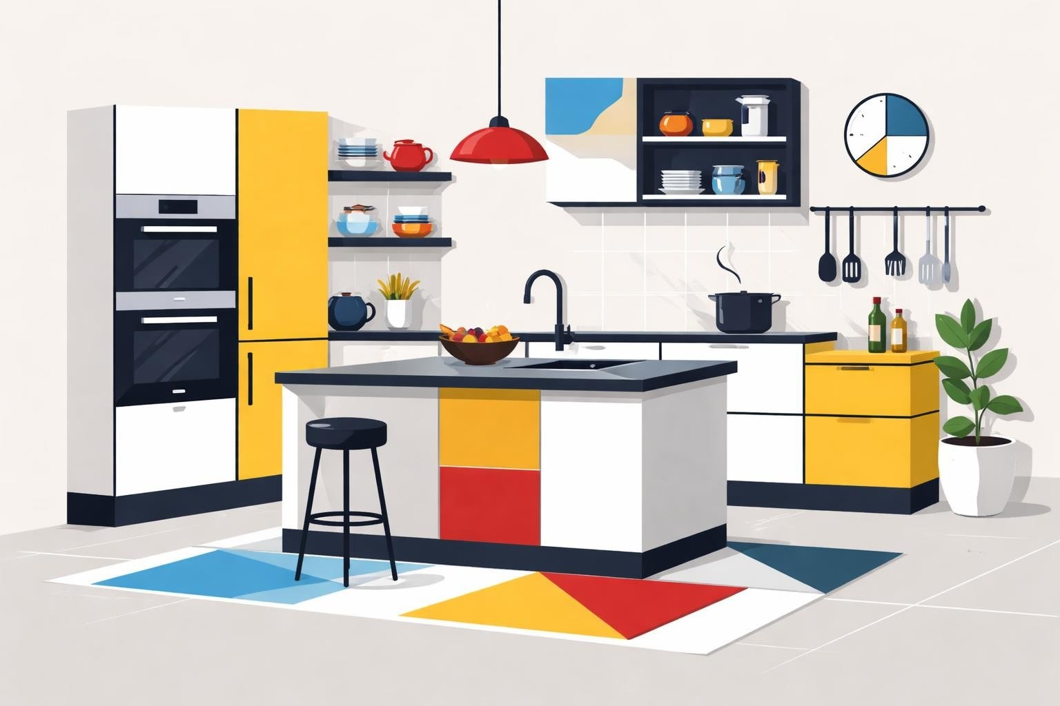 Küchenstudio Moderne Küche mit bunten Schränken, einer zentralen Insel mit einem Hocker, offenen Regalen, hängenden Utensilien, einer Topfpflanze und einem geometrischen Teppich. Auf dem Herd steht ein Topf unter einer roten Pendelleuchte. Küchenstudio Moderne Küche mit bunten Schränken, einer zentralen Insel mit einem Hocker, offenen Regalen, hängenden Utensilien, einer Topfpflanze und einem geometrischen Teppich. Auf dem Herd steht ein Topf unter einer roten Pendelleuchte.