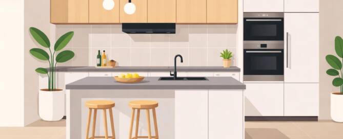 Küchenstudio Moderne Küche mit zentraler Insel, zwei Holzhockern, Pflanzen in weißen Töpfen, Einbaugeräten und Schränken aus hellem Holz und Weiß.