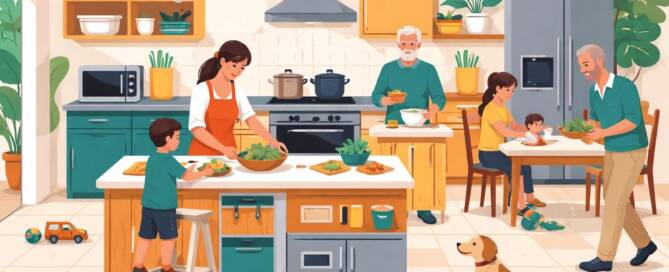 Küchenstudio Eine Familie bereitet eine Mahlzeit zu und isst gemeinsam in einer hellen Küche, in der Kinder, Erwachsene und ein Hund zwischen Pflanzen und Küchengeräten anwesend sind.