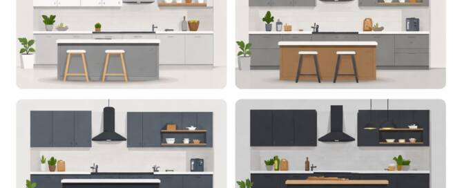 Küchenstudio Es werden vier minimalistische Küchendesigns gezeigt, jedes mit einer Insel, Hockern, Schränken, Pflanzen und moderner Beleuchtung in verschiedenen Farbschemata: hell, grau, dunkel und gemischte Töne.