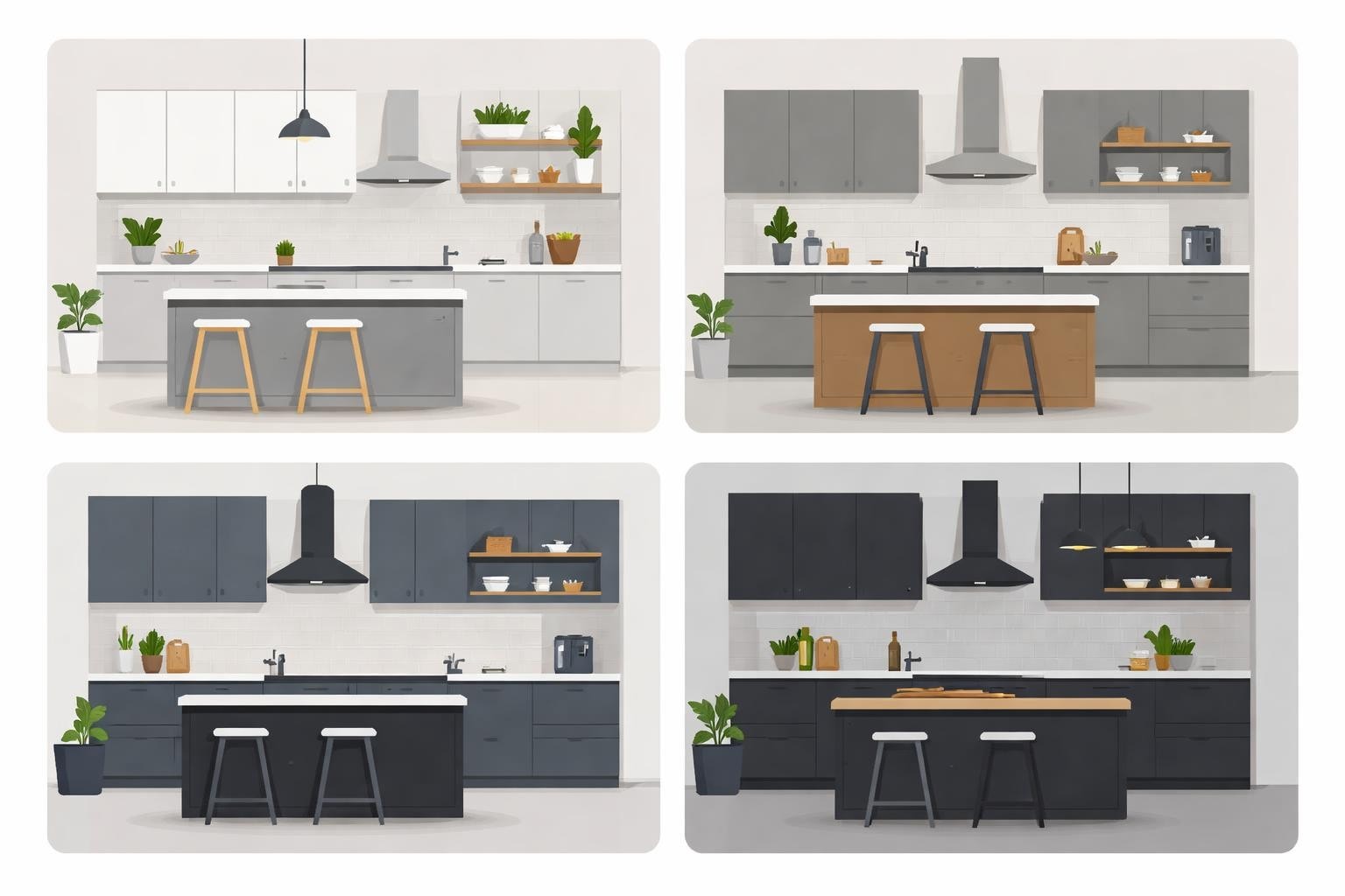 Küchenstudio Es werden vier minimalistische Küchendesigns gezeigt, jedes mit einer Insel, Hockern, Schränken, Pflanzen und moderner Beleuchtung in verschiedenen Farbschemata: hell, grau, dunkel und gemischte Töne. Küchenstudio Es werden vier minimalistische Küchendesigns gezeigt, jedes mit einer Insel, Hockern, Schränken, Pflanzen und moderner Beleuchtung in verschiedenen Farbschemata: hell, grau, dunkel und gemischte Töne.