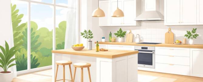 Küchenstudio Helle, moderne Küche mit weißen Schränken, einer Holzinsel, Hockern und großen Fenstern, die natürliches Licht hereinlassen. Grünpflanzen und Küchenutensilien stehen auf der Theke.