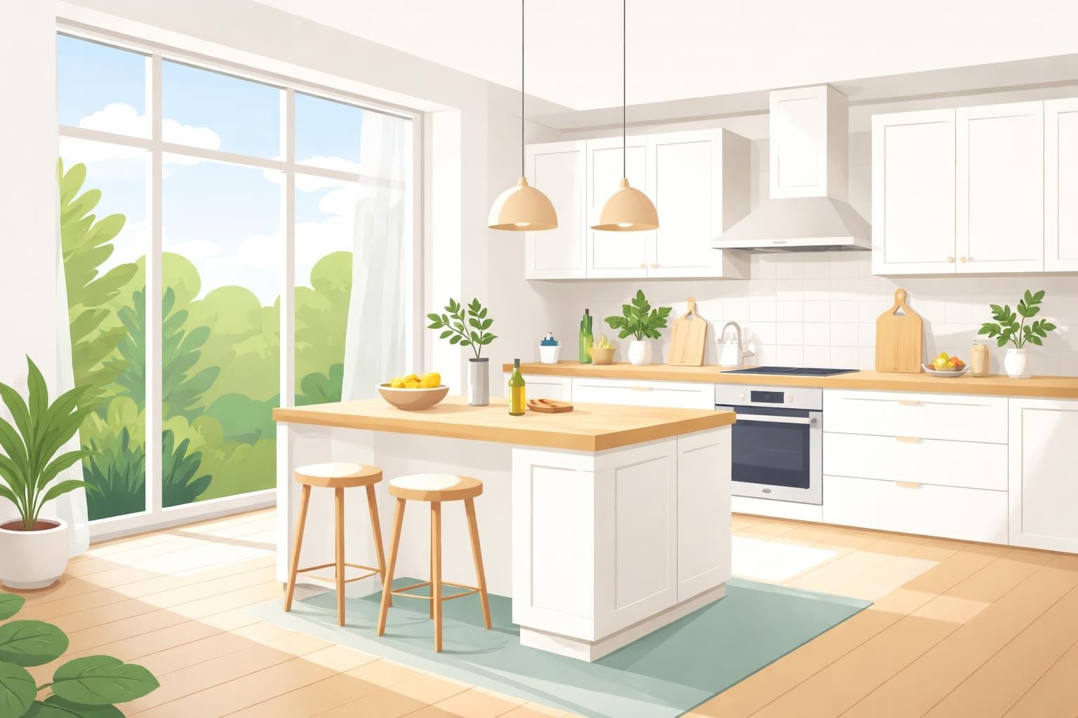 Küchenstudio Helle, moderne Küche mit weißen Schränken, einer Holzinsel, Hockern und großen Fenstern, die natürliches Licht hereinlassen. Grünpflanzen und Küchenutensilien stehen auf der Theke. Küchenstudio Helle, moderne Küche mit weißen Schränken, einer Holzinsel, Hockern und großen Fenstern, die natürliches Licht hereinlassen. Grünpflanzen und Küchenutensilien stehen auf der Theke.