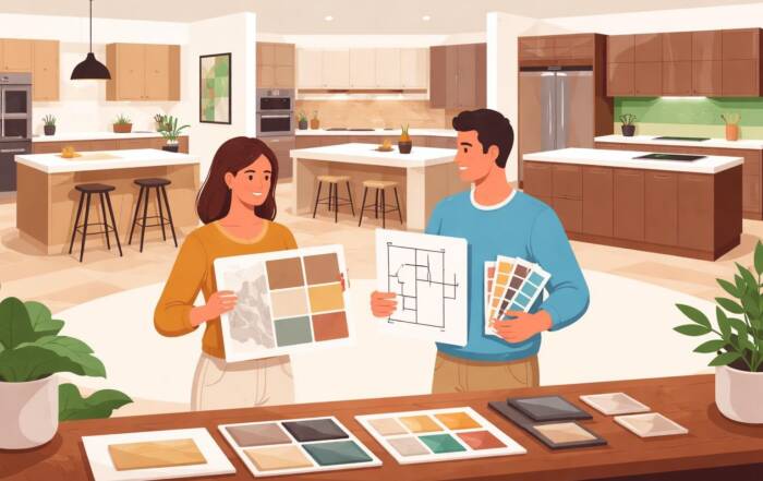 Küchenstudio Zwei Personen stehen in einem modernen Küchenausstellungsraum mit Farbmustern und Designplänen in der Hand, während auf dem Tisch vor ihnen Muster von Arbeitsplatten und Schränken ausgestellt sind.