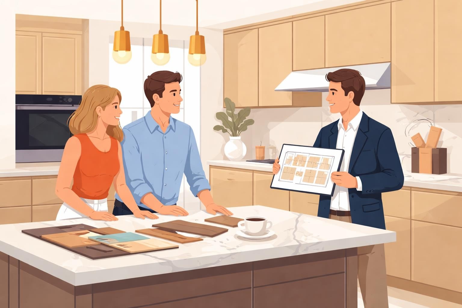 Küchenstudio Ein Paar steht in einer modernen Küche mit einem Designer, der ihnen einen Grundriss oder Materialproben auf einer Tafel auf der Arbeitsplatte der Kochinsel zeigt.